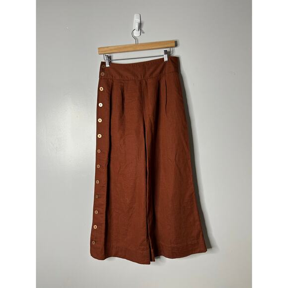 Anthropologie Pants Women’s 6 Brown Wide Leg Crop Side Button High Rise Linen - Picture 4 of 9